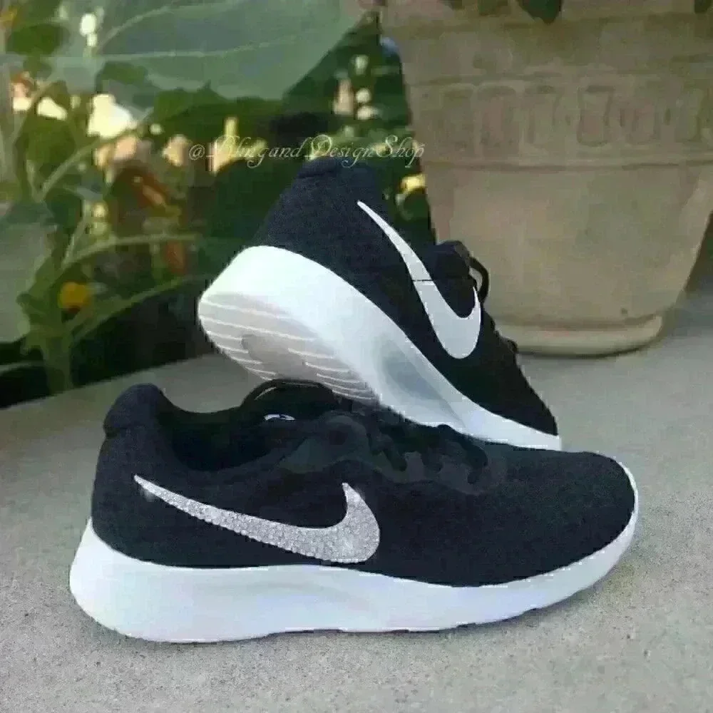 Nike Swarovski Women's Nike Tanjun Sneakers Black White Customized with Crystals